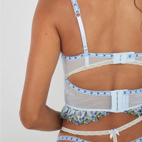 NWT VS For Love & Lemons Midsummer Heart Embroidered Lace Set Light Blue Sz M